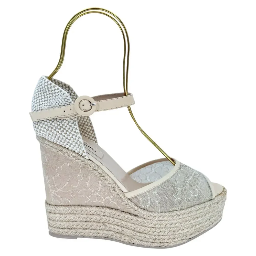 VALENTINO GARAVANI Mesh Lace Leather Espadrille Wedge EU 39 US 9 Platform Sandal